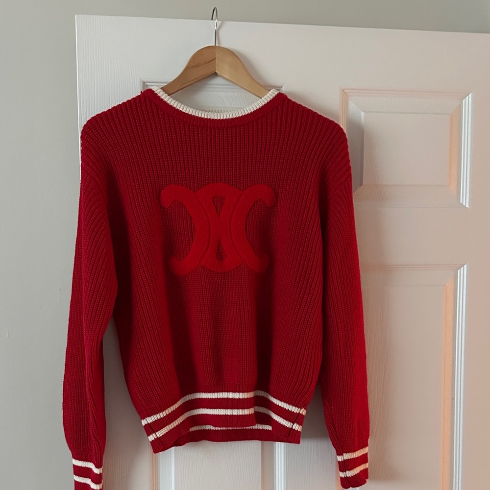 Celine Red Crew Neck Sweater with Logo